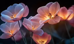 a group of pink flowers are lit up