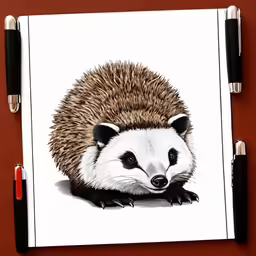 an animal on white paper with pens and a pen