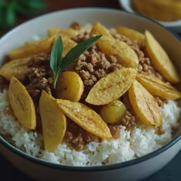 rice with sliced eggplant and curry sits in a white bowl