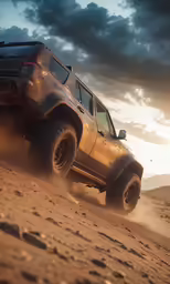 a truck riding in the dirt on top of the desert