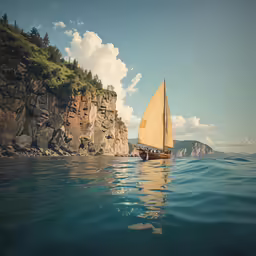 a sailboat is anchored in a rocky bay