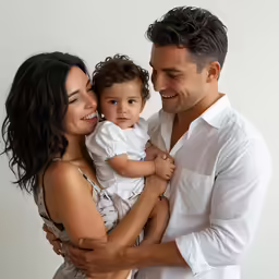 two adults and a child smiling at one another