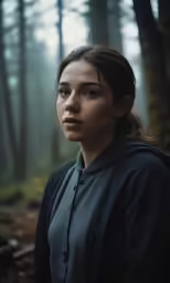 a woman in the woods stares directly into the camera