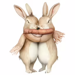 two rabbits holding together on a white background