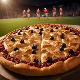 a pie sitting on top of a table with many toppings