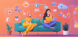 two women sitting on a blue couch looking at laptops,two women on a couch with a colorful background