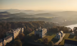 a landscape of a forest, river and a building