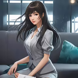 a woman sitting on top of a couch wearing an office dress