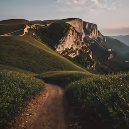 a dirt path is winding past grass and a large mountain