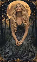 woman in a dark dress with a full moon in the background
