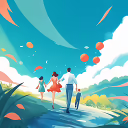 a man and a woman are walking down a path through an open area with balloons