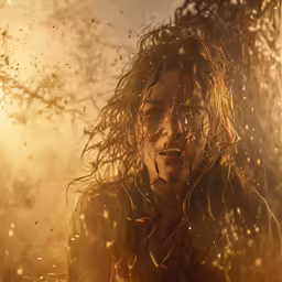the woman is blowing on a branch as she walks in front of the fire