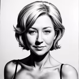 a woman with blond hair in black and white