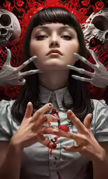 a woman standing next to skulls holding her hands
