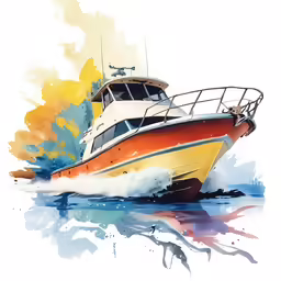a white and orange boat floating on top of the ocean