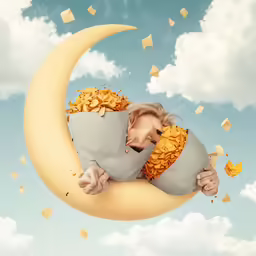 a surreal digital artwork with a woman resting on a moon