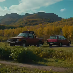 two cars that are parked in the grass