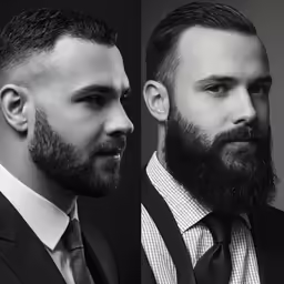 two photos one with beard, the other with necktie