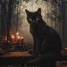 a black cat is sitting on a wooden table in the woods with lit candles