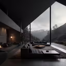large living room with lots of windows overlooking a mountain