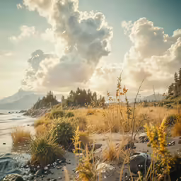 some bushes and grass near the ocean under cloudy skies