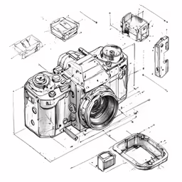 a camera in an assembly diagram with parts to take photos