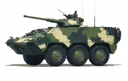 camouflage army tank in white background with two soldiers standing next to it
