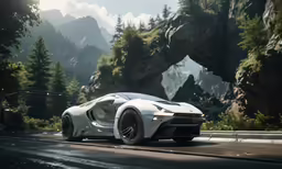 the supercar is on the road in the middle of a valley