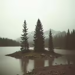 some very pretty trees by the water in the fog