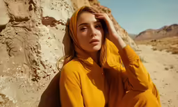 a woman is leaning against a wall in yellow outfit