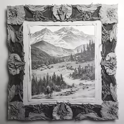 a white and black painting with an elaborate wooden frame