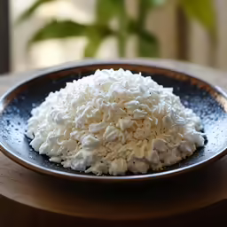 a black plate with coconut on a wooden table