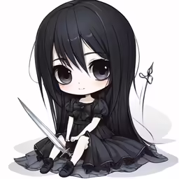 the little girl with the sword is sitting on the ground
