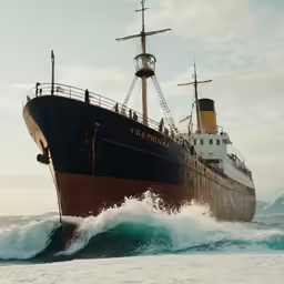 an old ship is traveling through the ocean waves