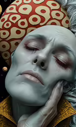 a woman with white hair and white makeup holding her chin on her hand, posing for a selfie