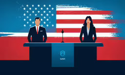 a man and woman stand at a podium as an american flag is in the background
