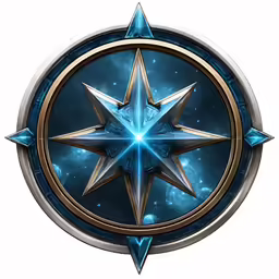 a compass symbol with glowing blue stars