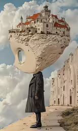 man carrying a large stone structure on his head in the middle of the picture