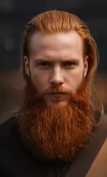 the man with a long beard and long hair looks down to his left