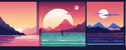 a series of art deco prints featuring different scenerys,a man riding a surfboard in the middle of four different panels