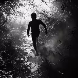 a black and white photo of a person walking in the woods