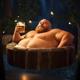 a large naked man with beard and glasses in a hammock