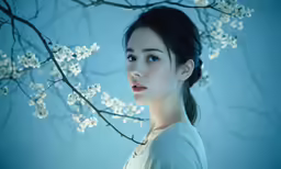 a woman posing next to some white flowers