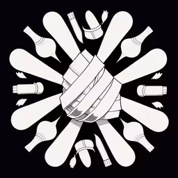 a circular arrangement of plastic bottles and knives,there are many different type of utensils,a circle with many different shaped objects around it,several white plastic cups sitting in the middle of a black circle,some white bottles and black items in the center