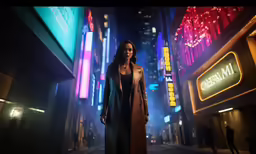 a woman is walking down a city street