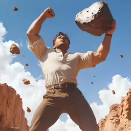 a man standing in the dirt holding up a rock