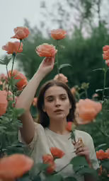 a woman is standing among the orange flowers