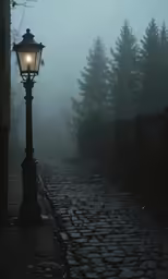 foggy street with lamp post and trees
