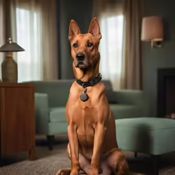 a brown dog sits on the floor next to a chair