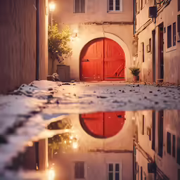 a reflection of buildings on the water near a tree